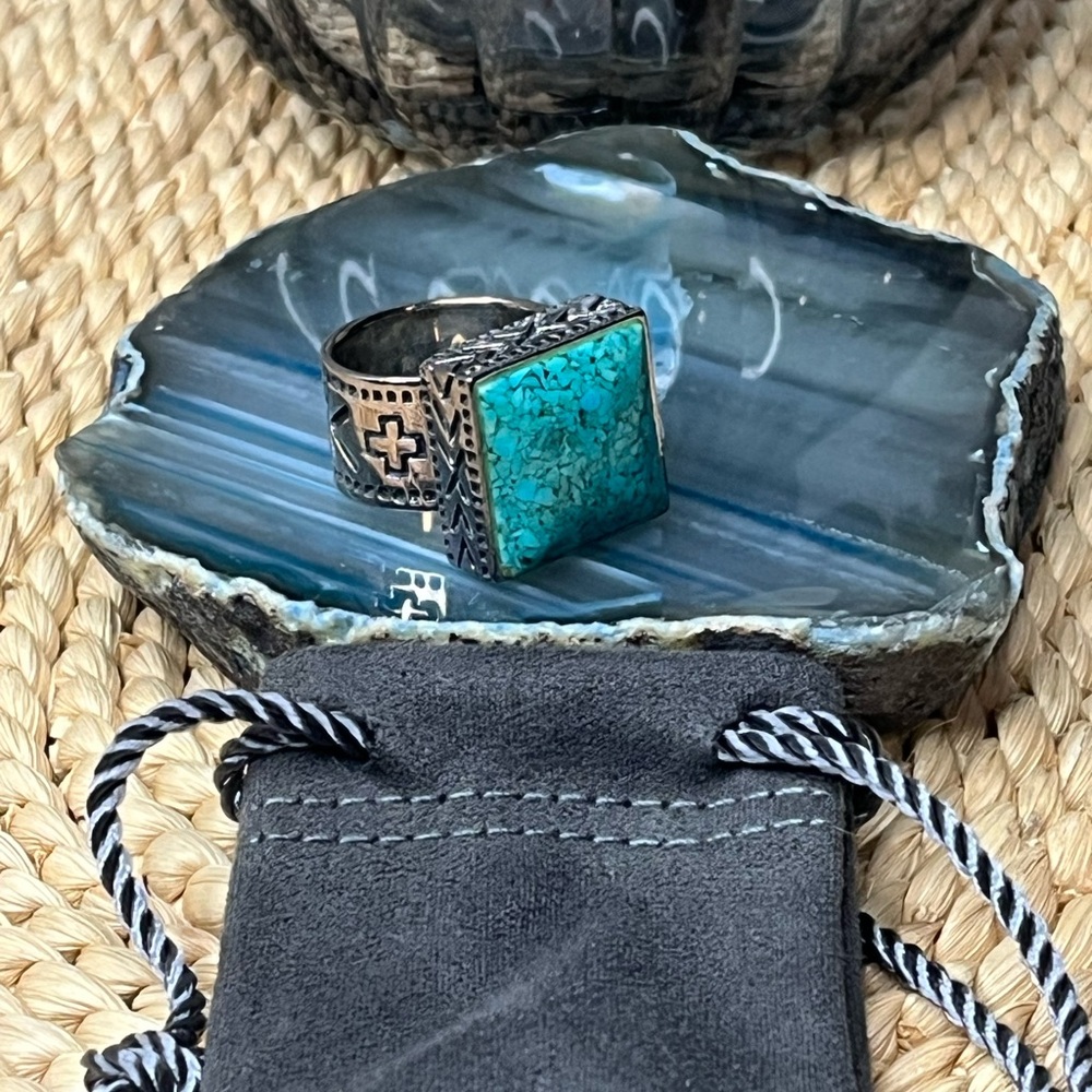 Silpada Sterling Turquoise Square Ring with Southwestern Band Size 6.5-7 - Picture 2 of 6
